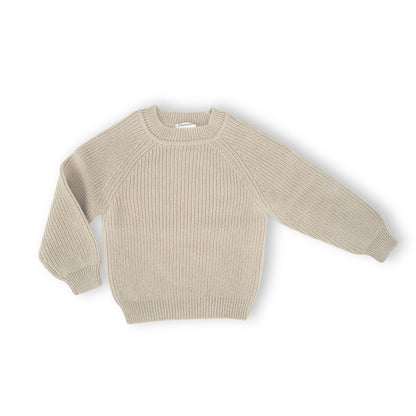 Produktfoto, Babysweater,  ca. 9-18 Monate, Rippenstrick, 1 rechts-1 links gestrickt, Raglanarm, Rundhalsausschnitt, 100 % Cashmere, Sandbeige, 