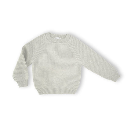 Produktfoto, Babysweater,  ca. 9-18 Monate, Rippenstrick, 1 rechts-1 links gestrickt, Raglanarm, Rundhalsausschnitt, 100 % Cashmere, Hellgrau meliert