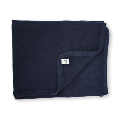 Produktfoto, Kaschmirdecke, Babydecke, Dunkelblau, glatt_rechts_gestrickt, mit Zopfrand als Abschlusskante, 80x85 cm, 100 % Cashmere