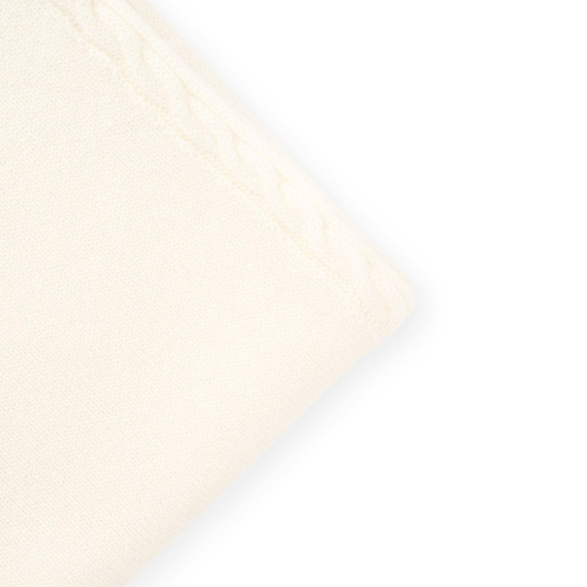 Detailfoto, Kaschmirdecke, Babydecke, Detail Zopfrand, 100 % Cashmere, 80 x 85 cm, Offwhite