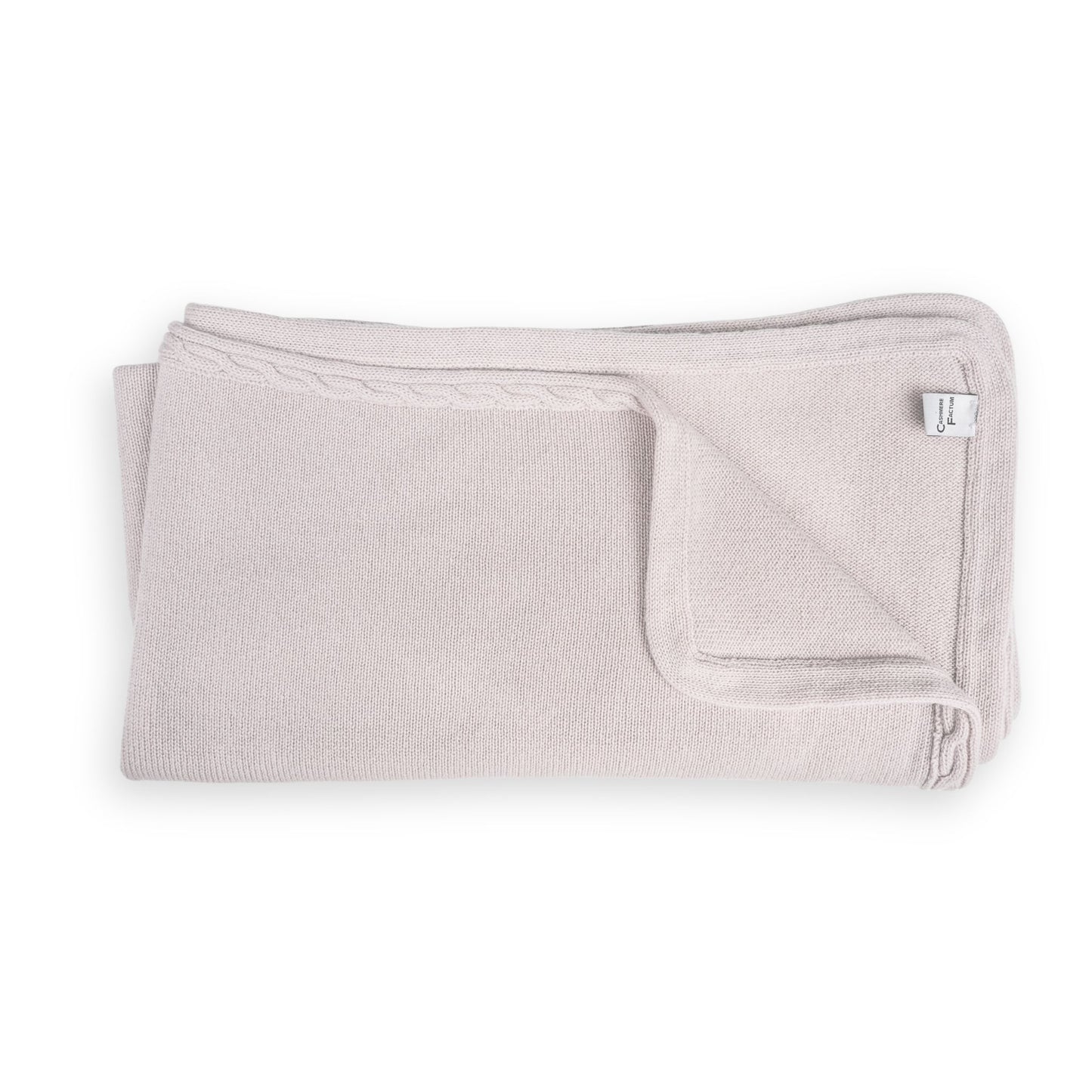 Produktfoto, Kaschmirdecke, Babydecke, Offwhite, glatt_rechts_gestrickt, mit Zopfrand als Abschlusskante, 80x85 cm, 100 % Cashmere