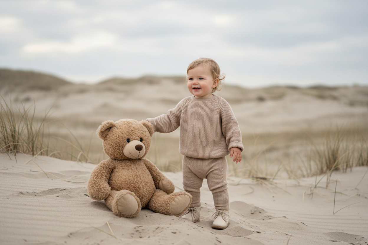 Babysweater Sandbeige Lifestyle - Mädchen mit Teddy