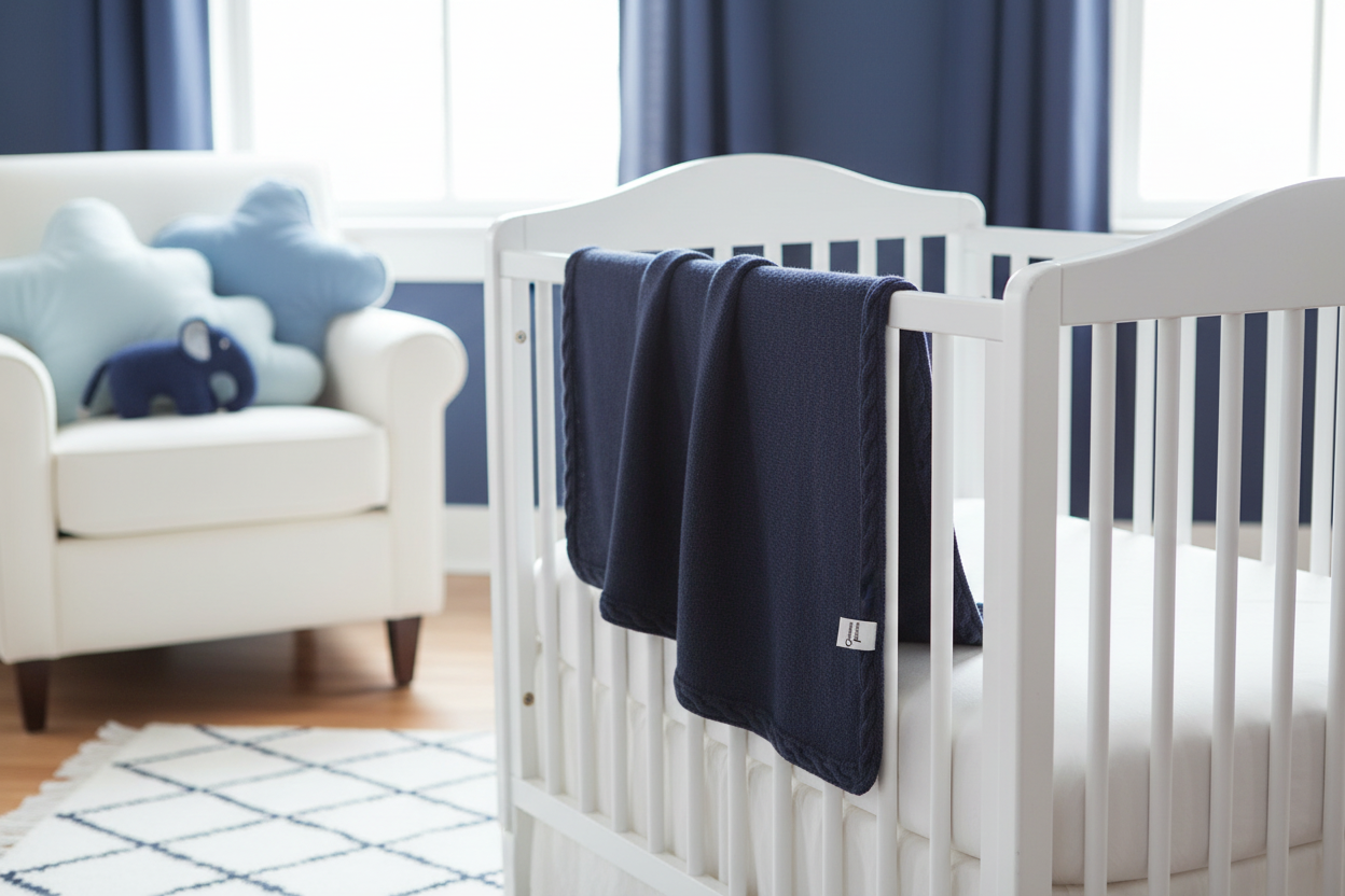 Dunkelblaue Babydecke im Gitterbett