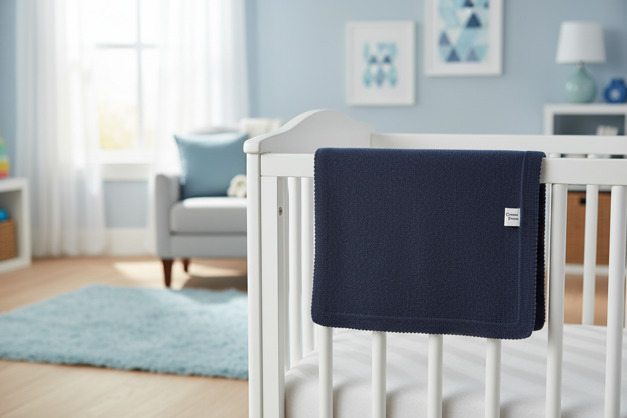 Dunkelblaue Babydecke mit Picotrand im Gitterbett
