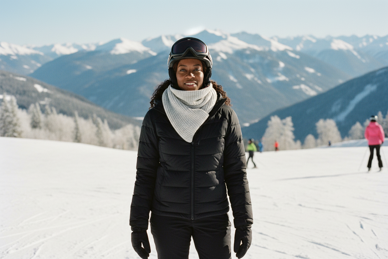 Frau mit hellgrauem Schal auf der Skipiste