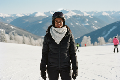 Frau mit hellgrauem Schal auf der Skipiste