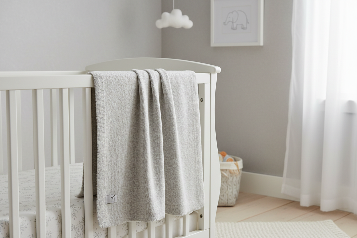 Hellgrau melierte Babydecke mit Picotrand im Gitterbett