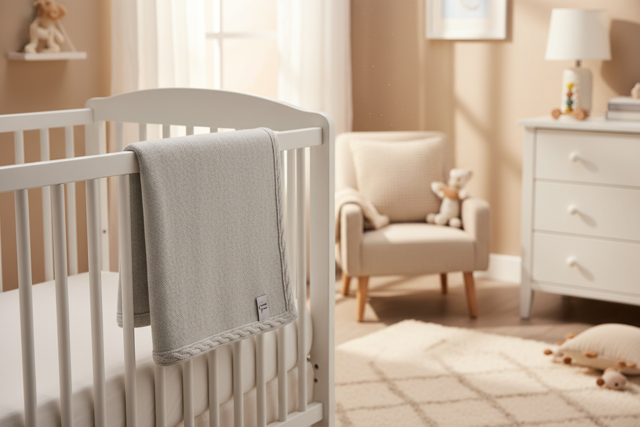 Hellgraue Babydecke im warmen Kinderzimmer
