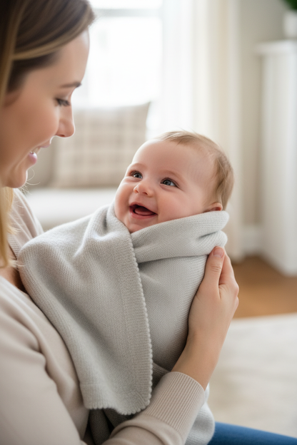 Mutter hält Baby in Babydecke mit Picotrand in Hellgrau eingewickelt, beide schauen sich an und strahlen