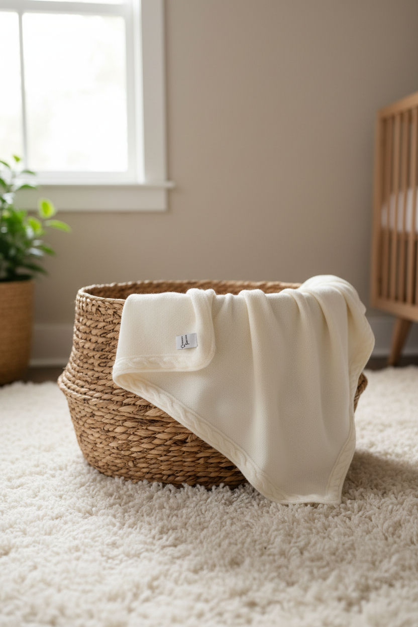 Offwhite Babydecke im Korb