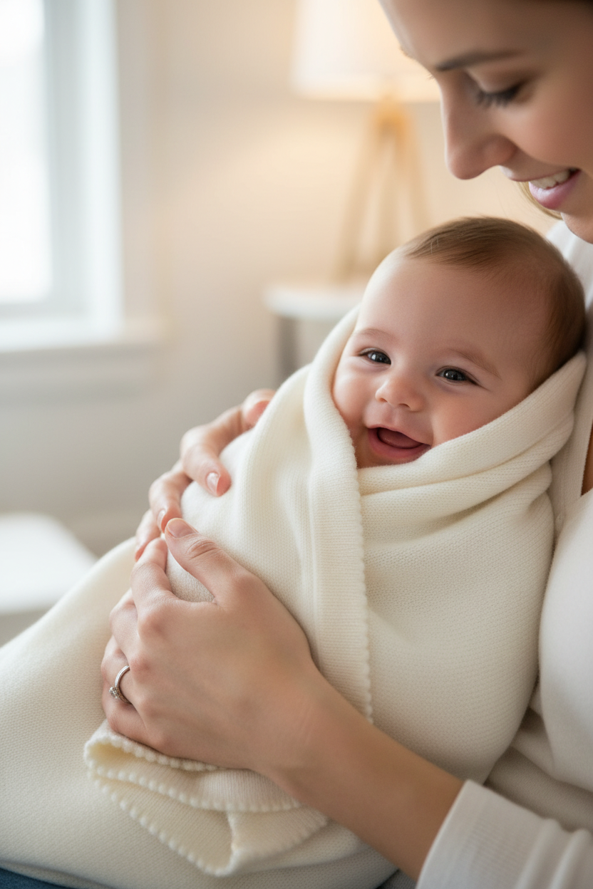 Offwhite Babydecke mit Picotrand und Baby