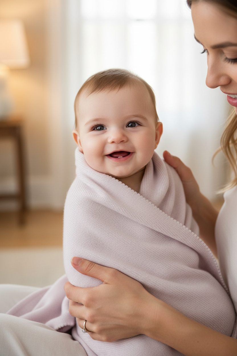 Puderrosafarbene Babydecke mit Picotrand und Baby